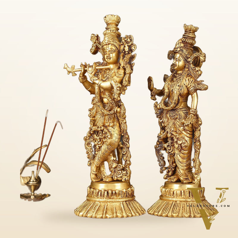 Pure Brass Superfine Radha Krishna Idols Pair on Lotus - 14" Elegant Sculpture