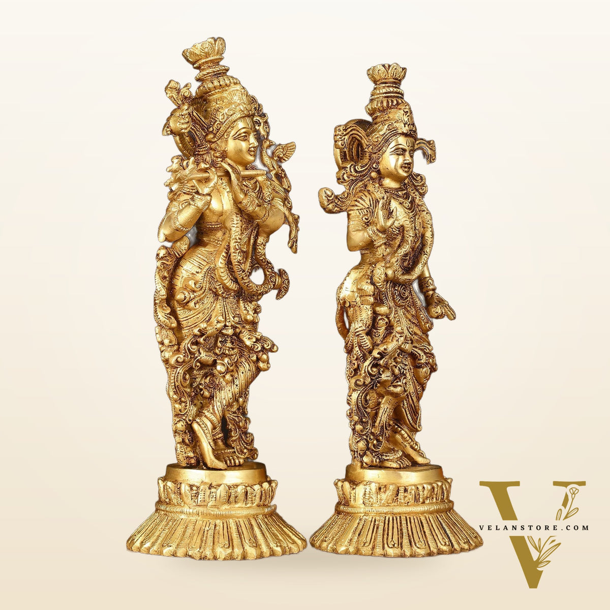 Pure Brass Superfine Radha Krishna Idols Pair on Lotus - 14" Elegant Sculpture