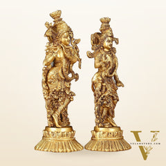 Pure Brass Superfine Radha Krishna Idols Pair on Lotus - 14" Elegant Sculpture