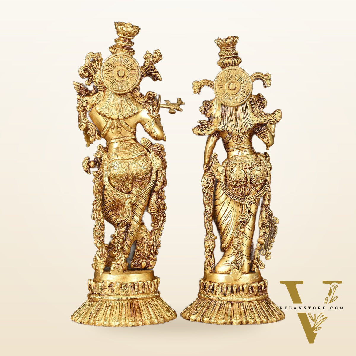 Pure Brass Superfine Radha Krishna Idols Pair on Lotus - 14" Elegant Sculpture