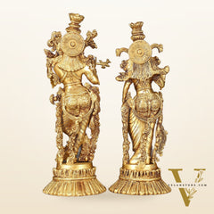 Pure Brass Superfine Radha Krishna Idols Pair on Lotus - 14" Elegant Sculpture