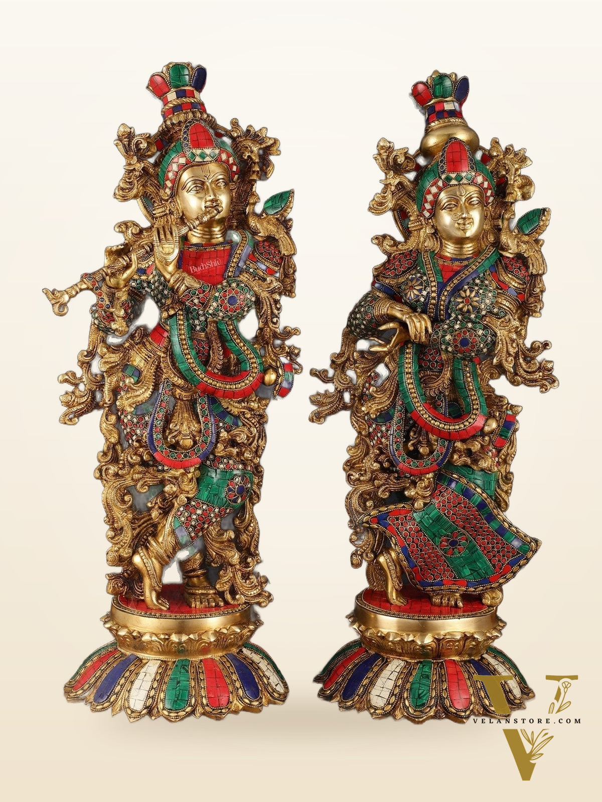 Pure Brass Superfine Radha Krishna Statue with Stonework, 27" Height, 40 KG