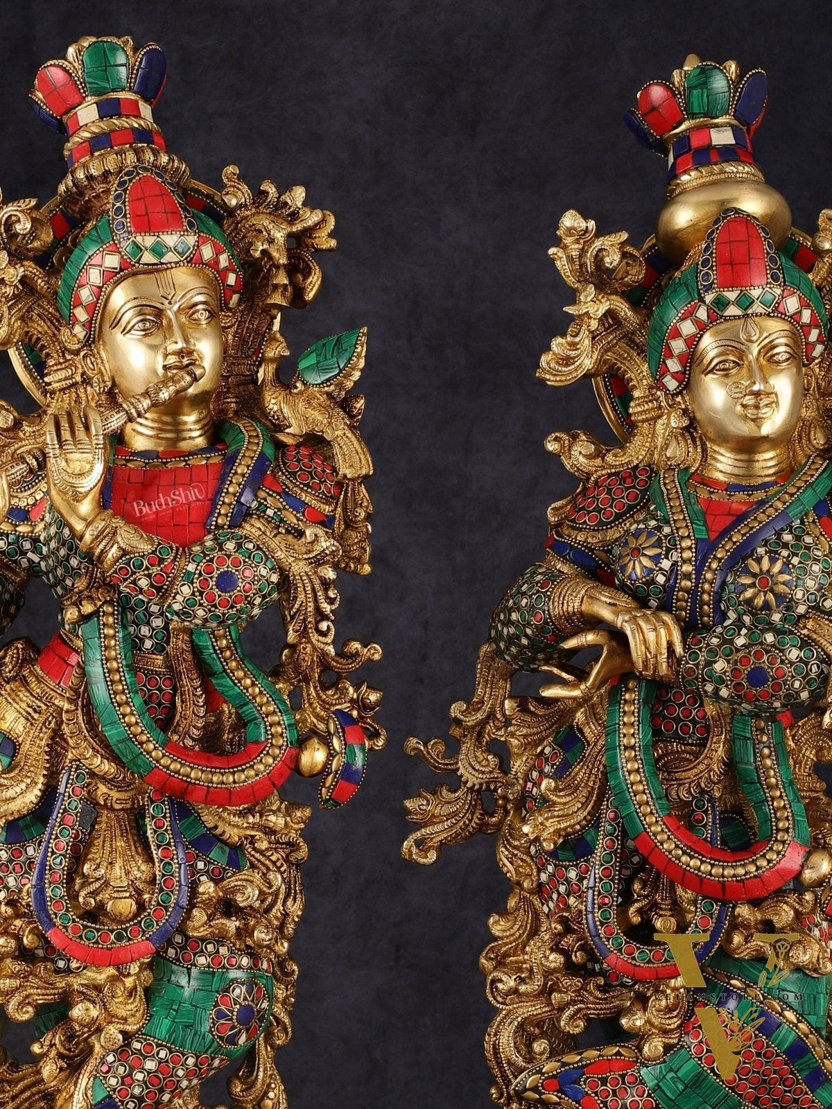 Pure Brass Superfine Radha Krishna Statue with Stonework, 27" Height, 40 KG