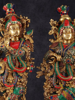 Pure Brass Superfine Radha Krishna Statue with Stonework, 27" Height, 40 KG