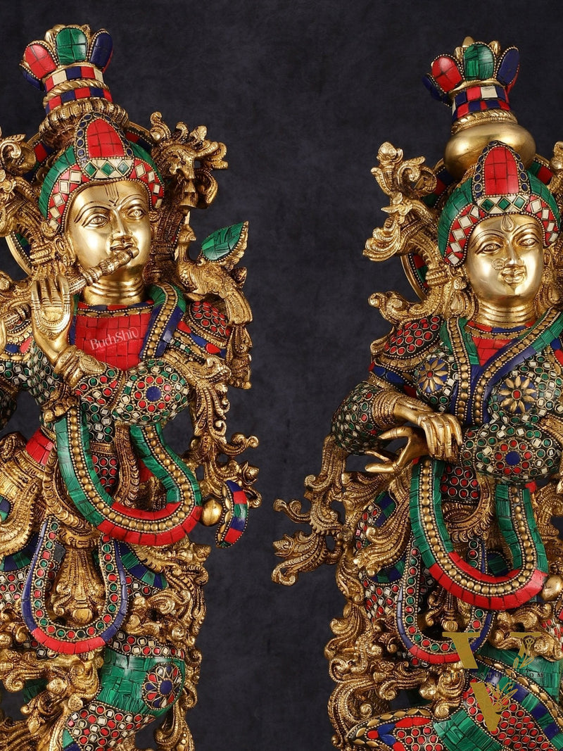 Pure Brass Superfine Radha Krishna Statue with Stonework, 27" Height, 40 KG