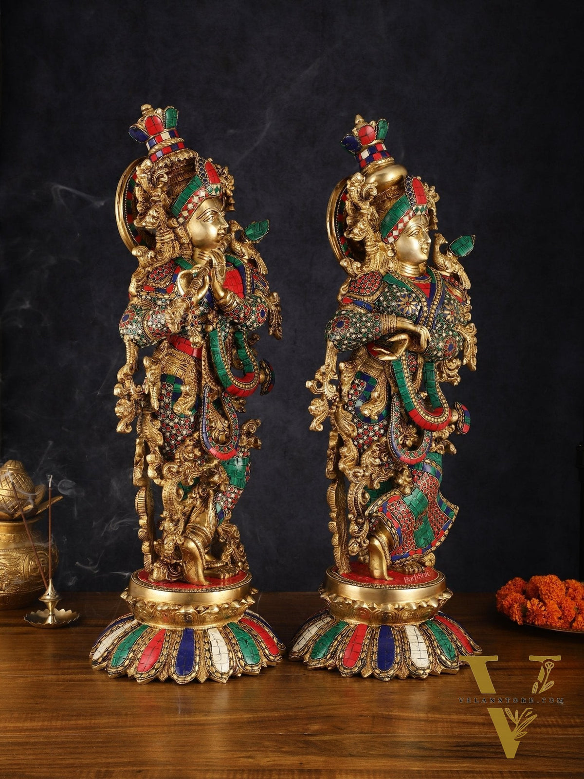 Pure Brass Superfine Radha Krishna Statue with Stonework, 27" Height, 40 KG