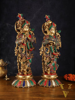Pure Brass Superfine Radha Krishna Statue with Stonework, 27" Height, 40 KG