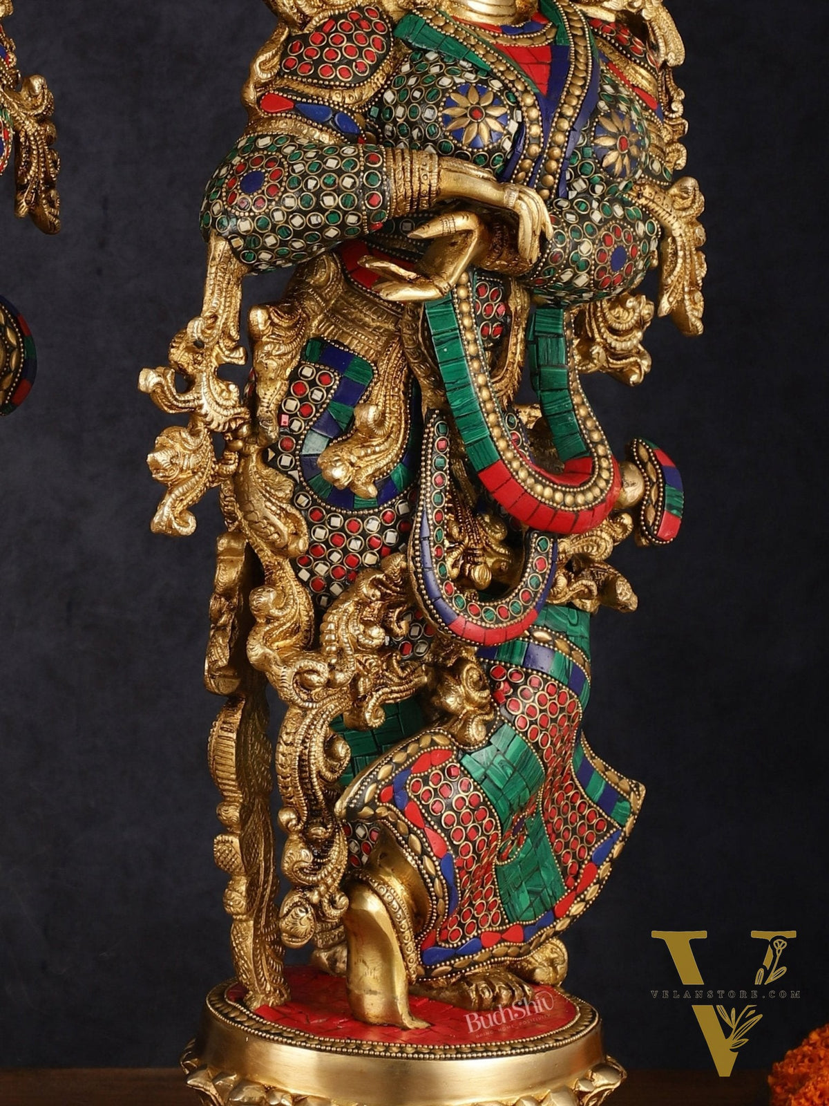 Pure Brass Superfine Radha Krishna Statue with Stonework, 27" Height, 40 KG