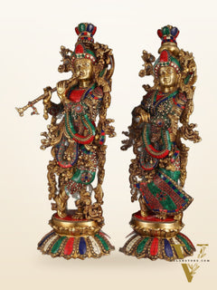 Pure Brass Superfine Radha Krishna Statue with Stonework, 27" Height, 40 KG