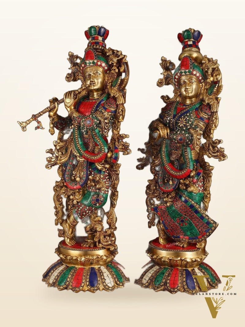 Pure Brass Superfine Radha Krishna Statue with Stonework, 27" Height, 40 KG
