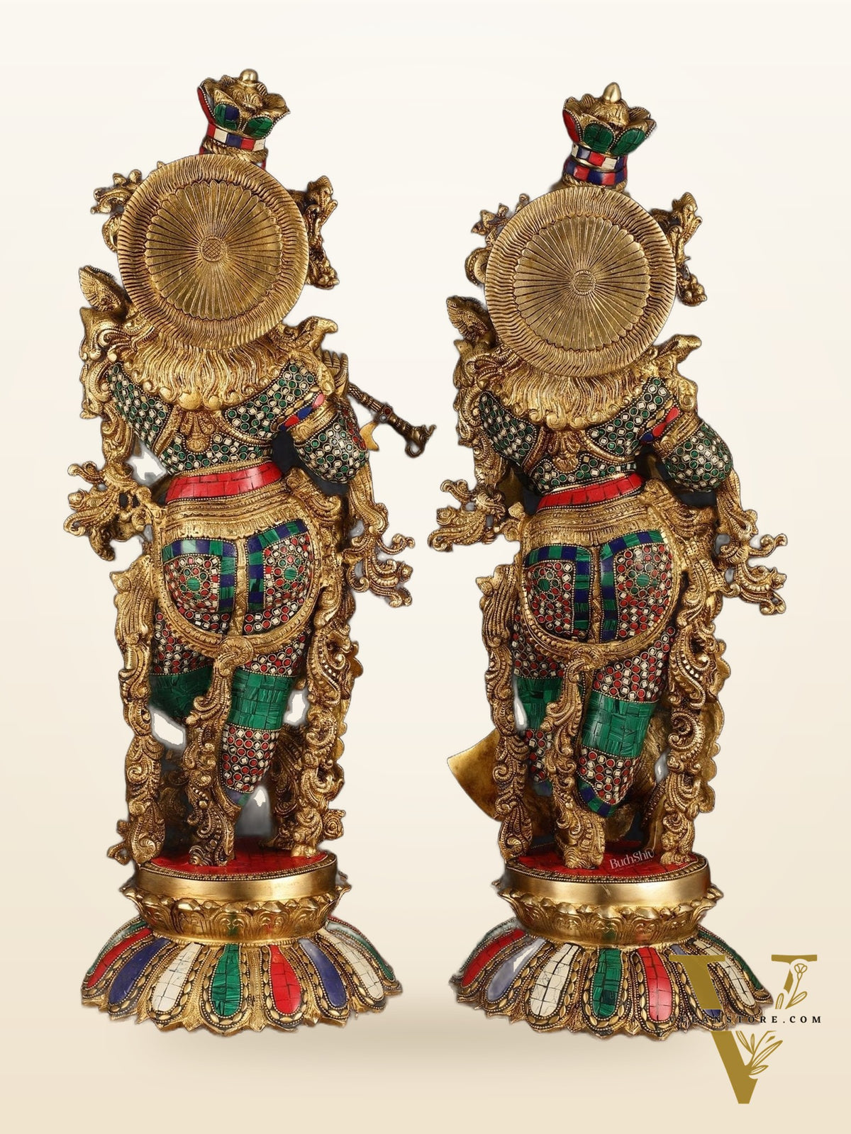 Pure Brass Superfine Radha Krishna Statue with Stonework, 27" Height, 40 KG