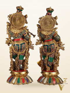 Pure Brass Superfine Radha Krishna Statue with Stonework, 27" Height, 40 KG