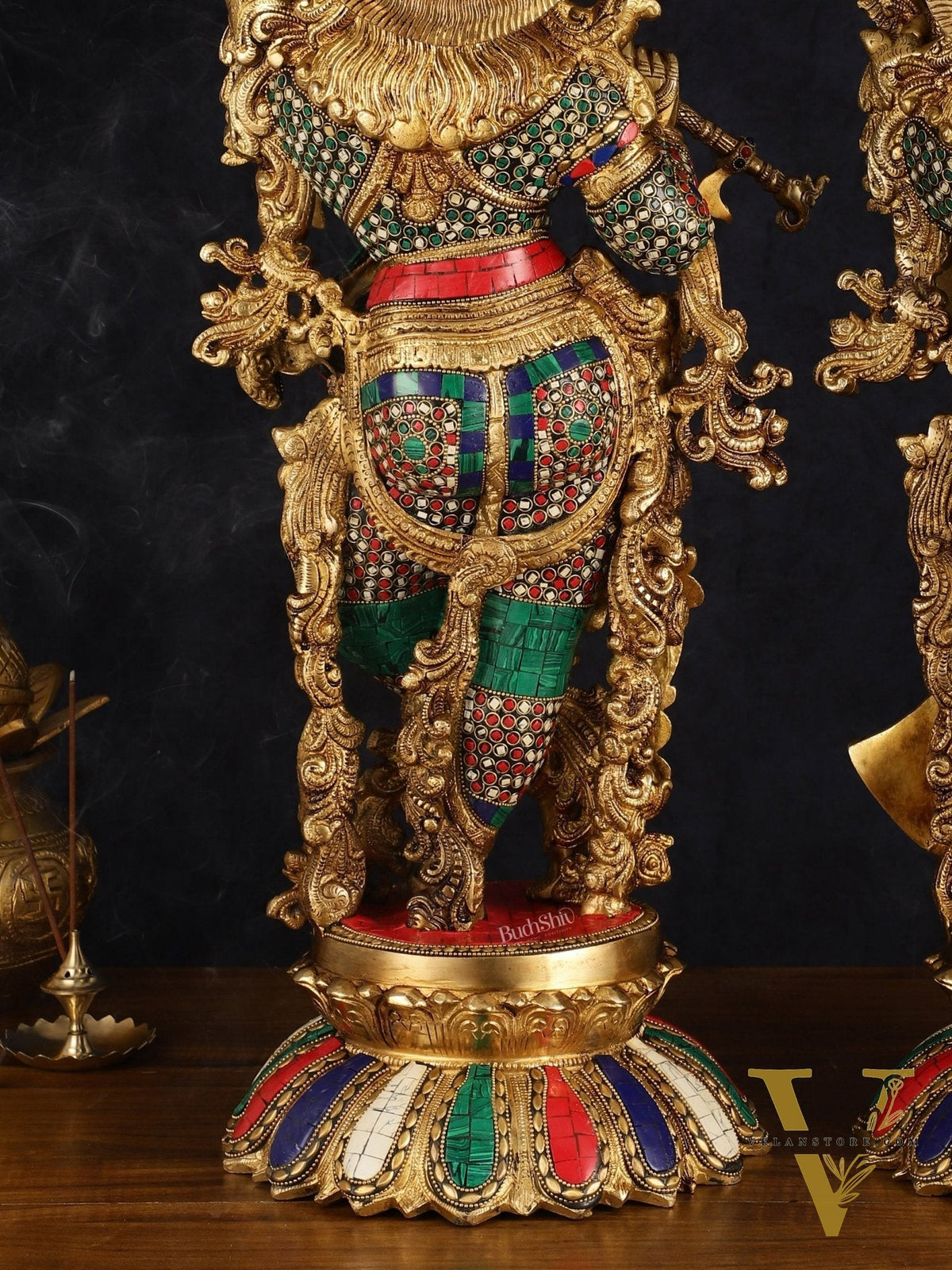 Pure Brass Superfine Radha Krishna Statue with Stonework, 27" Height, 40 KG