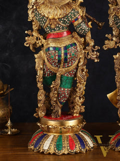 Pure Brass Superfine Radha Krishna Statue with Stonework, 27" Height, 40 KG