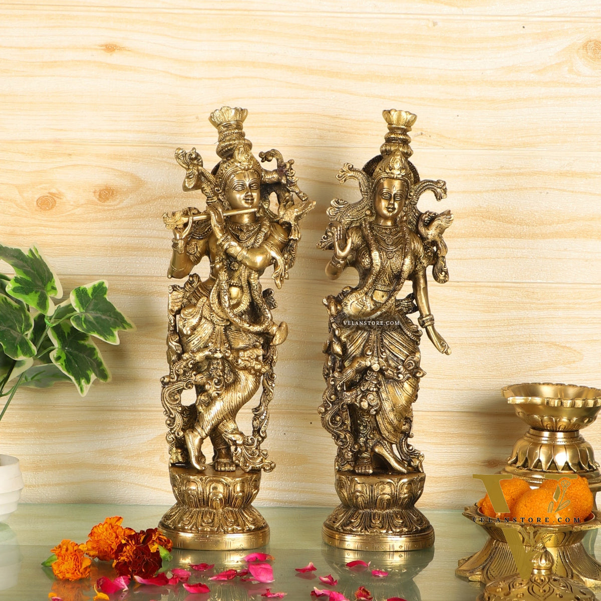 Pure Brass Superfine Radha Krishna Statues - 14" Height | Finely Carved