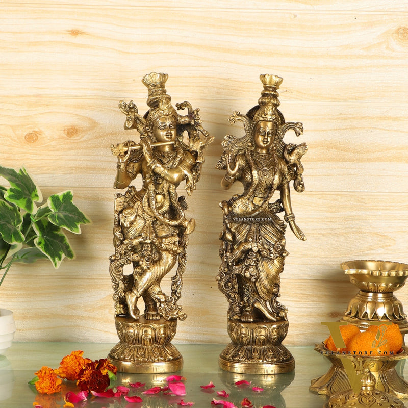 Pure Brass Superfine Radha Krishna Statues - 14" Height | Finely Carved