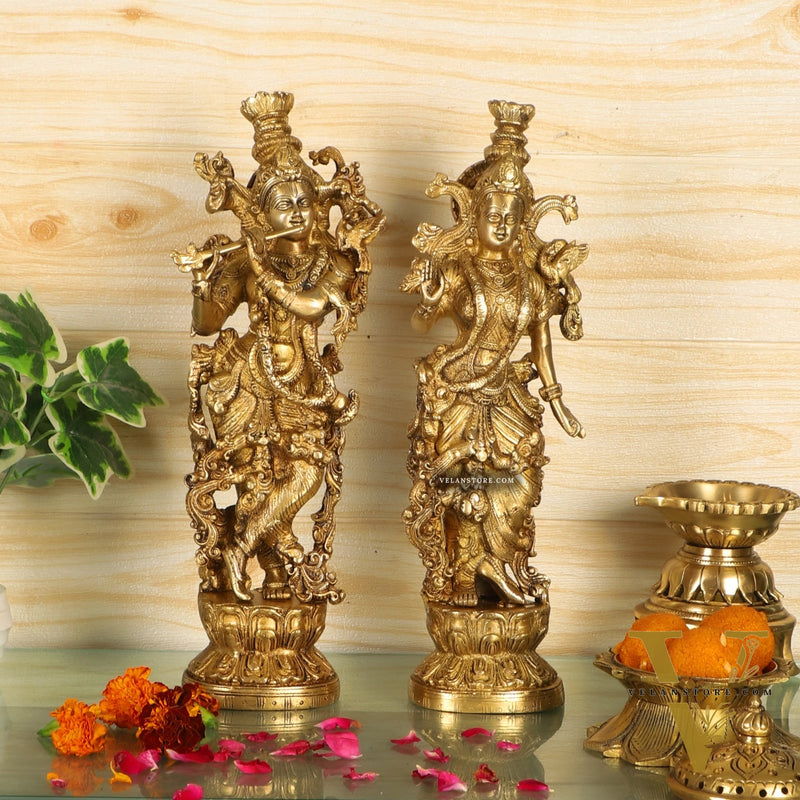 Pure Brass Superfine Radha Krishna Statues - 14" Height | Finely Carved