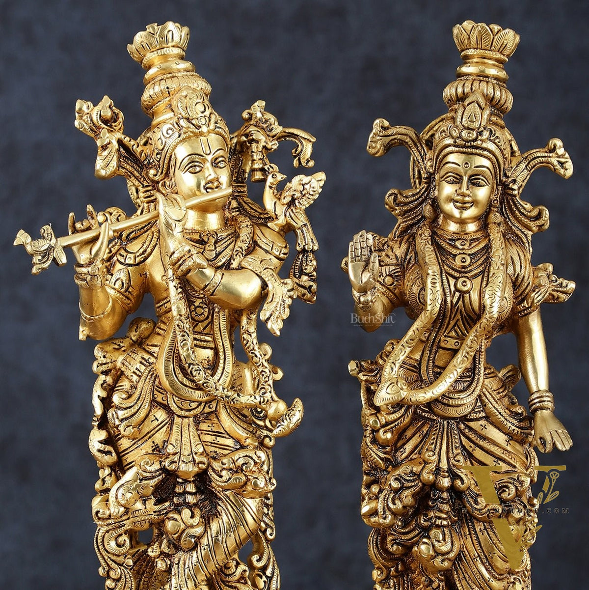Pure Brass Superfine Radha Krishna Statues – 14" Height, Finely Carved with Sharp Features