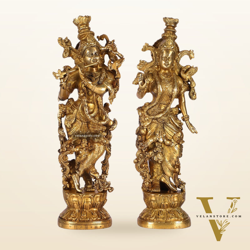 Pure Brass Superfine Radha Krishna Statues - 14" Height | Finely Carved