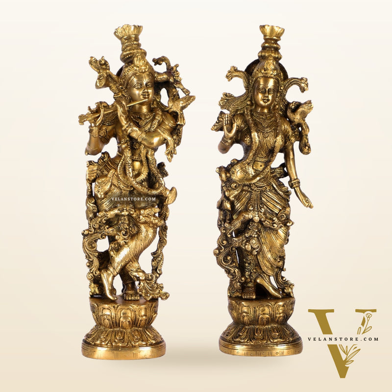 Pure Brass Superfine Radha Krishna Statues - 14" Height | Finely Carved
