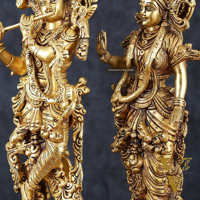 Pure Brass Superfine Radha Krishna Statues – 14" Height, Finely Carved with Sharp Features