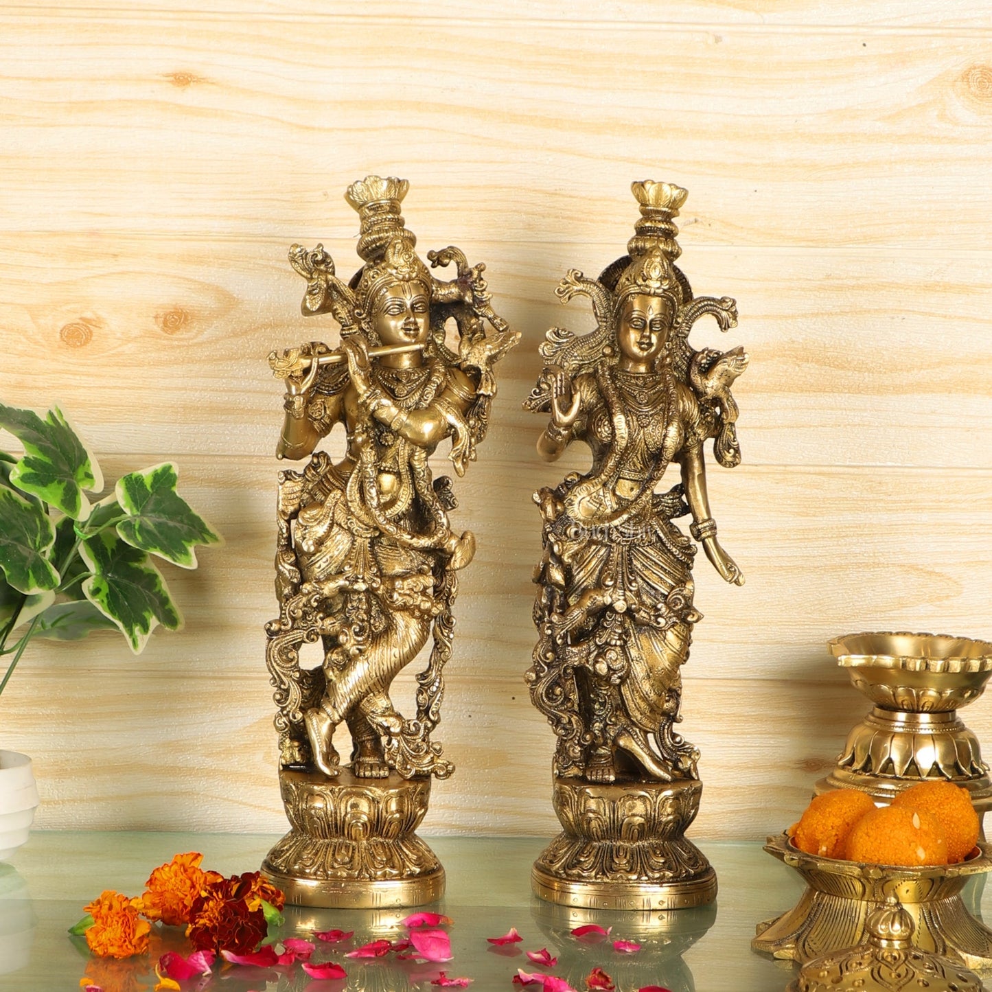 Pure Brass Superfine Radha Krishna Statues - 14" Height | Finely Carved