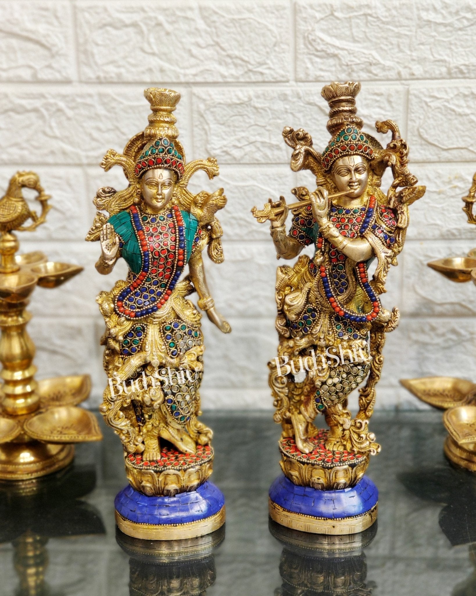 Pure Brass Superfine Radha Krishna Statues -Natural Stones | 14" Height