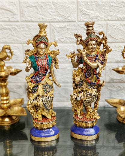 Pure Brass Superfine Radha Krishna Statues -Natural Stones | 14" Height