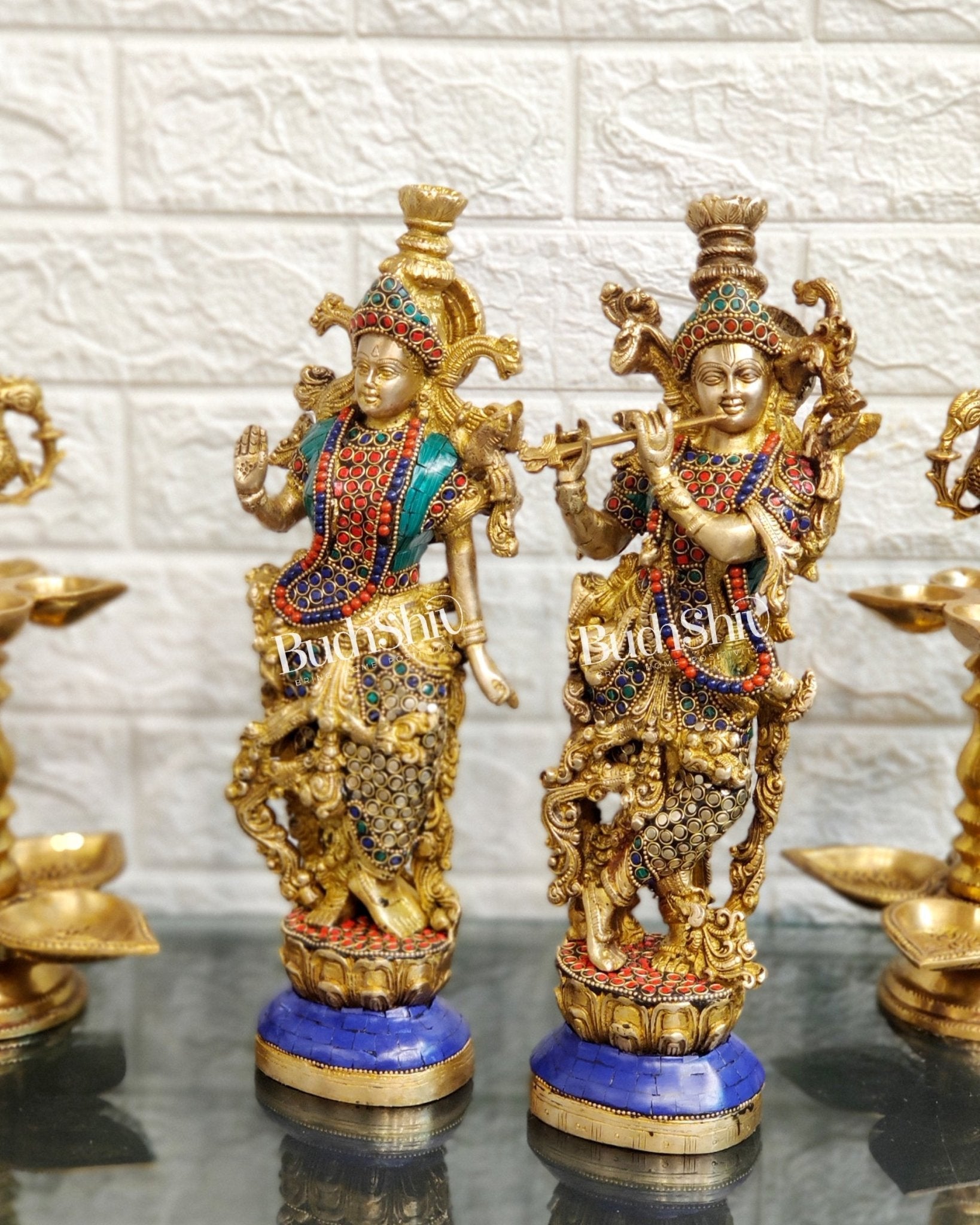 Pure Brass Superfine Radha Krishna Statues -Natural Stones | 14" Height