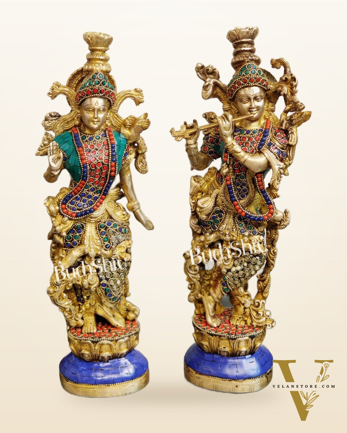Pure Brass Superfine Radha Krishna Statues -Natural Stones | 14" Height