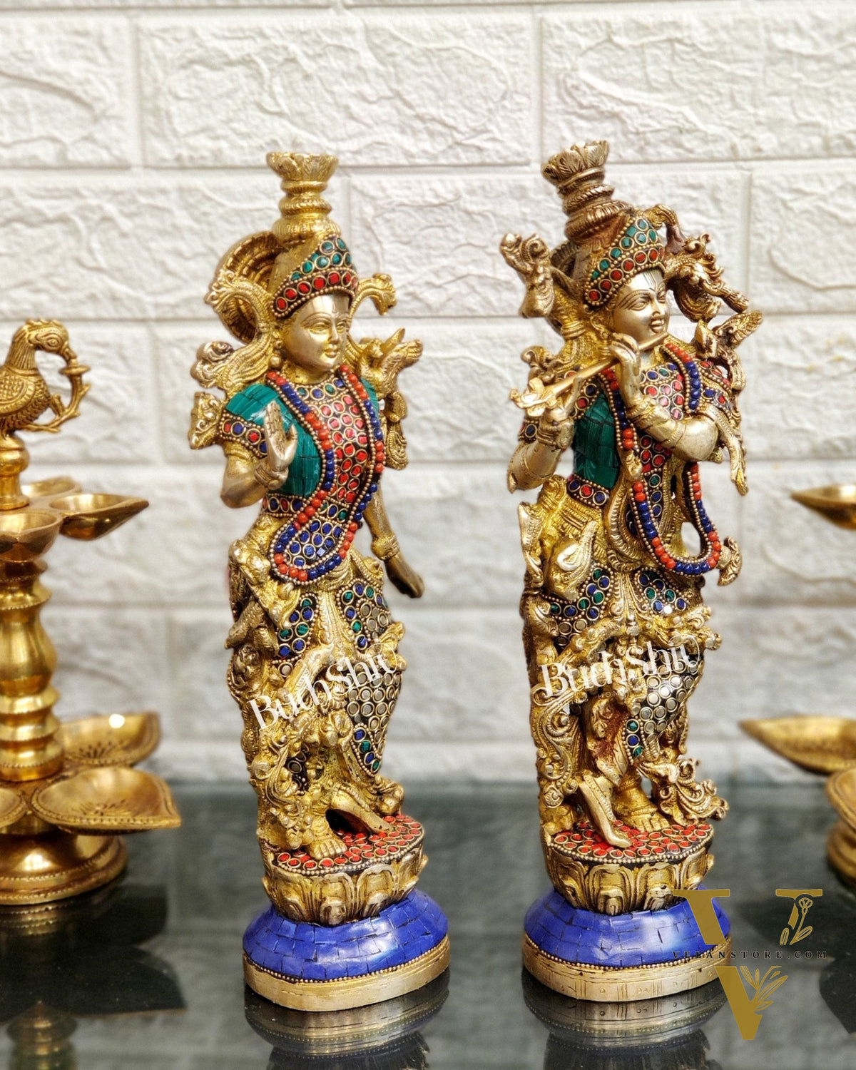 Pure Brass Superfine Radha Krishna Statues -Natural Stones | 14" Height