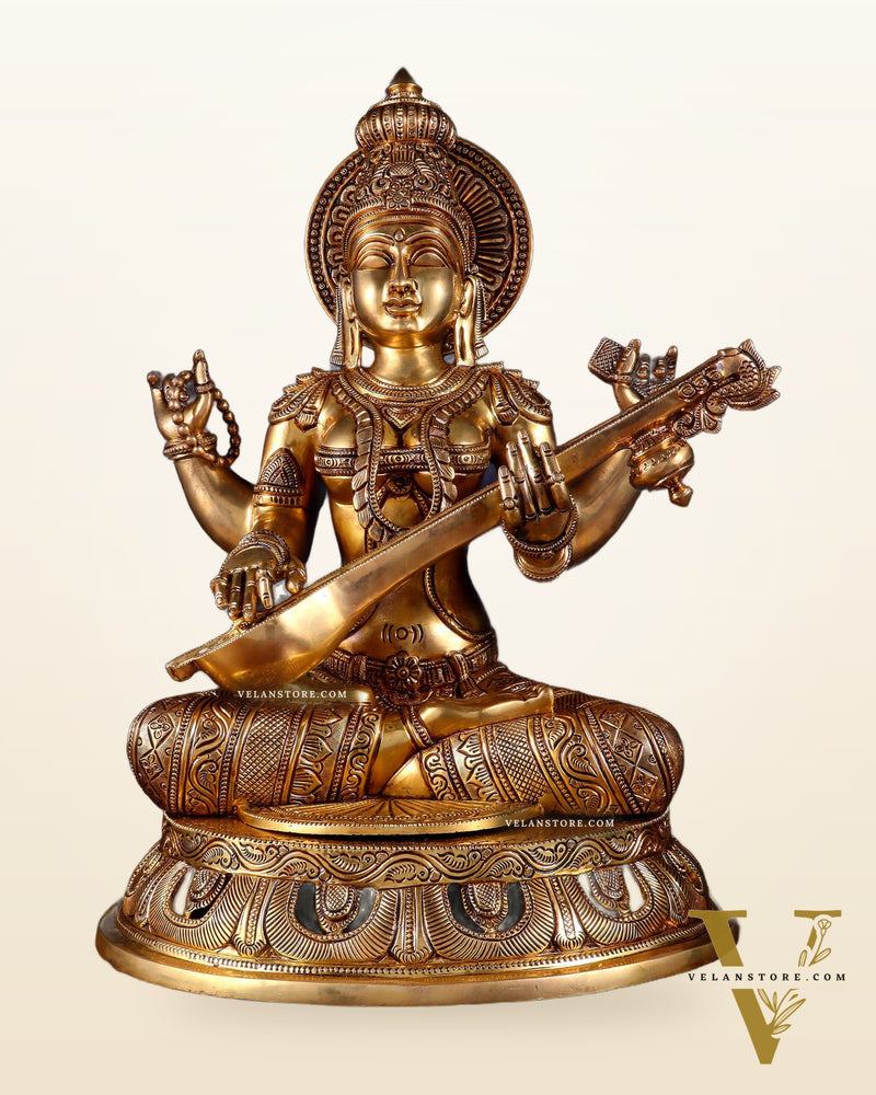 Pure Brass Superfine Saraswati Statue – Large Size 17.5"