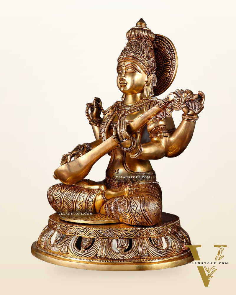 Pure Brass Superfine Saraswati Statue – Large Size 17.5"