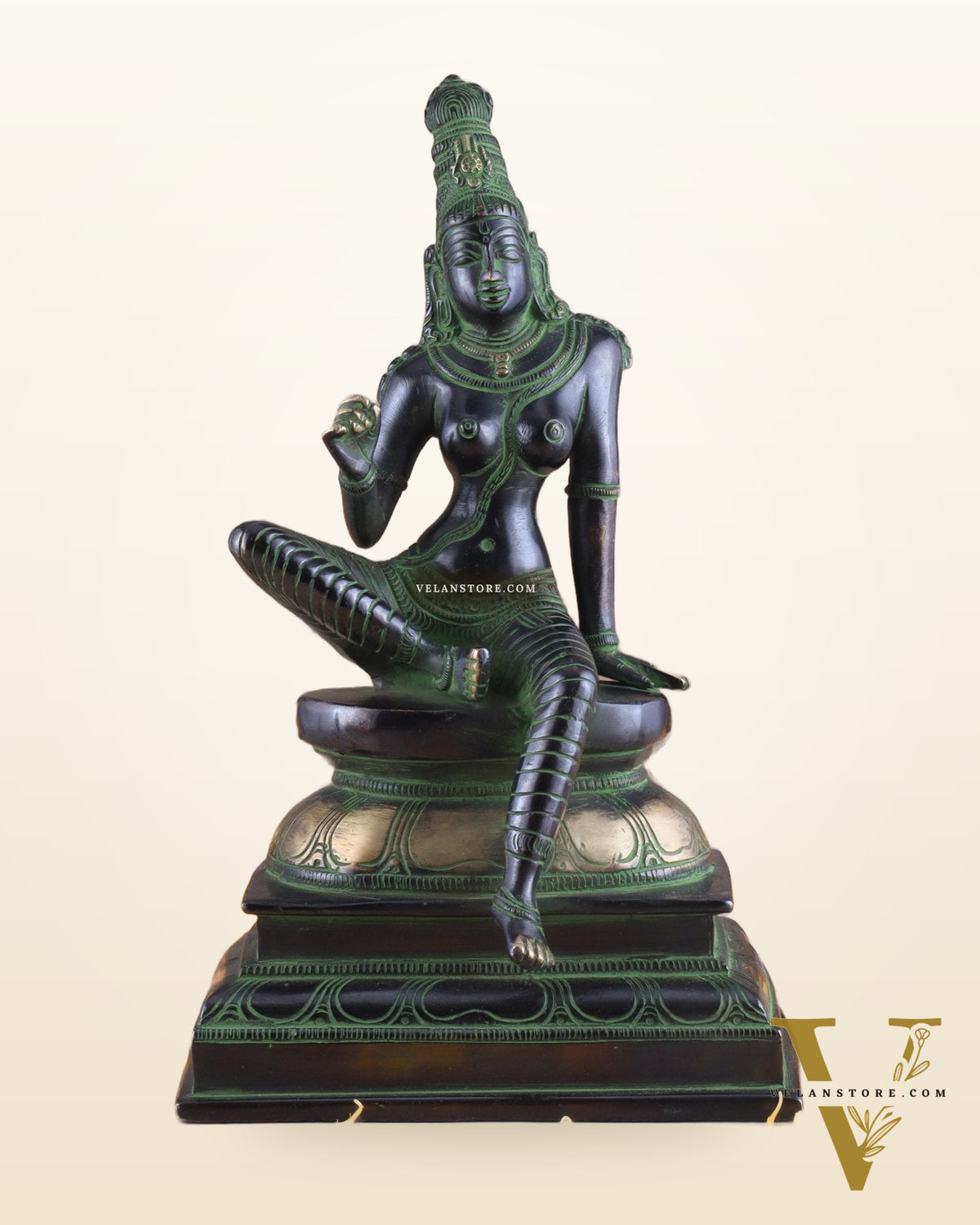 Pure Brass Superfine Seated Parvati Idol black and green Finish - 11" Tall