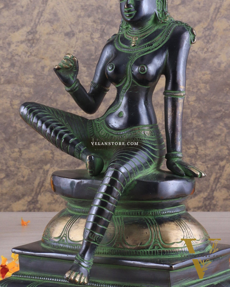 Pure Brass Superfine Seated Parvati Idol black and green Finish - 11" Tall