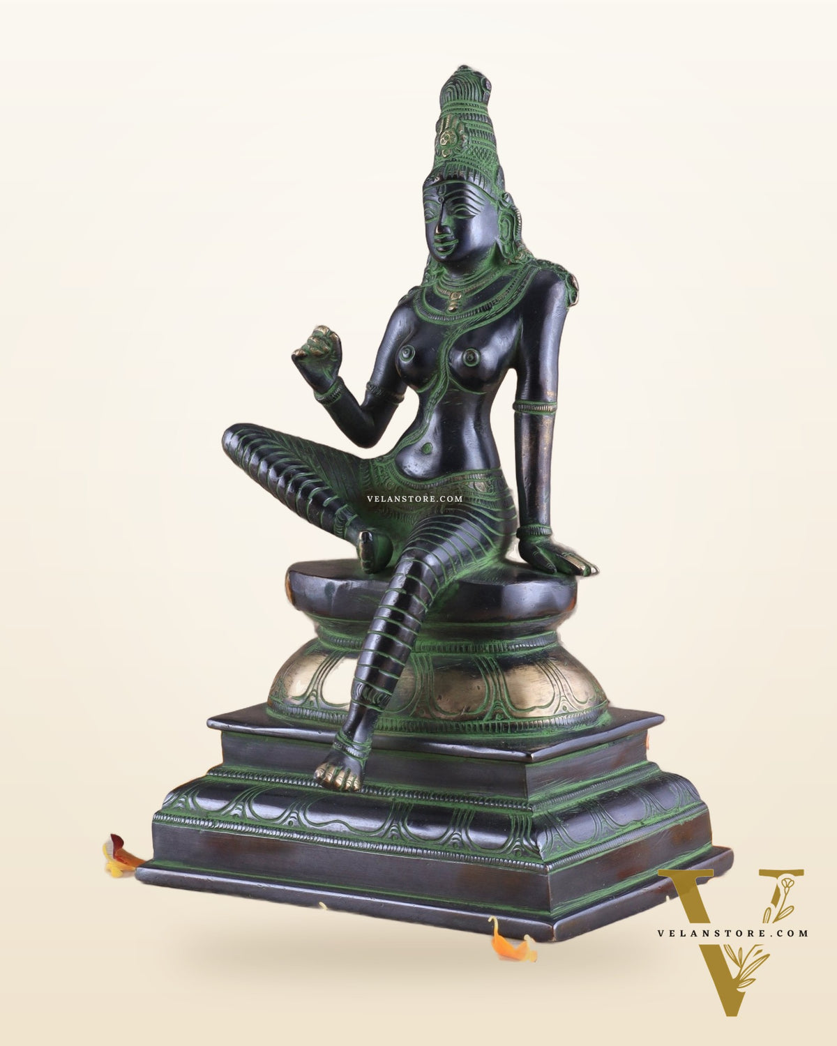 Pure Brass Superfine Seated Parvati Idol black and green Finish - 11" Tall