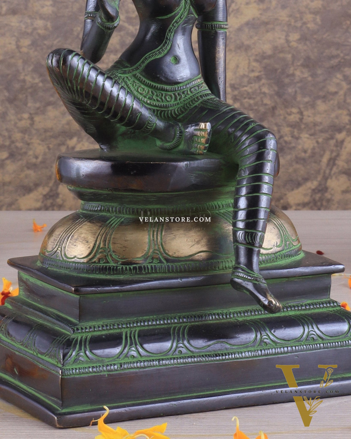 Pure Brass Superfine Seated Parvati Idol black and green Finish - 11" Tall