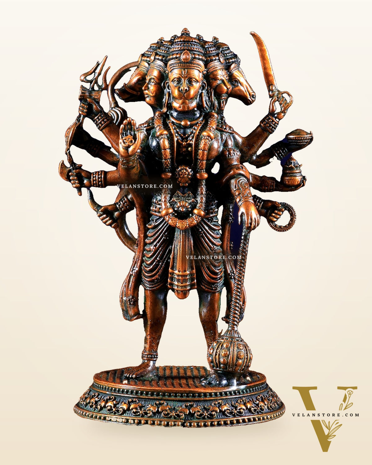 Pure Brass Superfine Standing Panchmukhi Hanuman Idol 6.5" chola brown finish