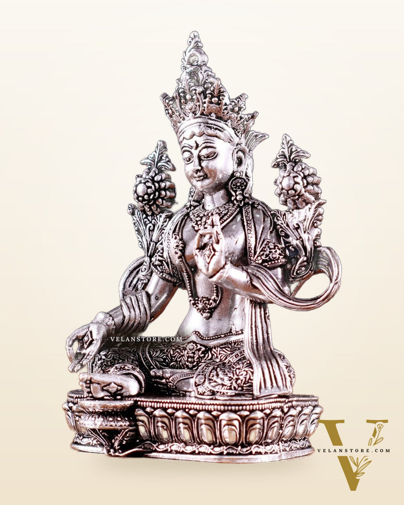 Pure Brass Superfine Tibetan Green Tara Idol 4.5" silver plated
