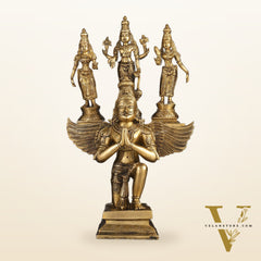 Pure Brass Superfine Tirupati Balaji Bhudevi and Sridevi on Garuda Statue 18"