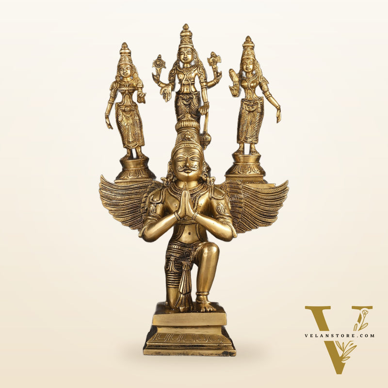 Pure Brass Superfine Tirupati Balaji Bhudevi and Sridevi on Garuda Statue 18"