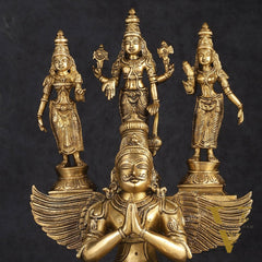 Pure Brass Superfine Tirupati Balaji Bhudevi and Sridevi on Garuda Statue 18"