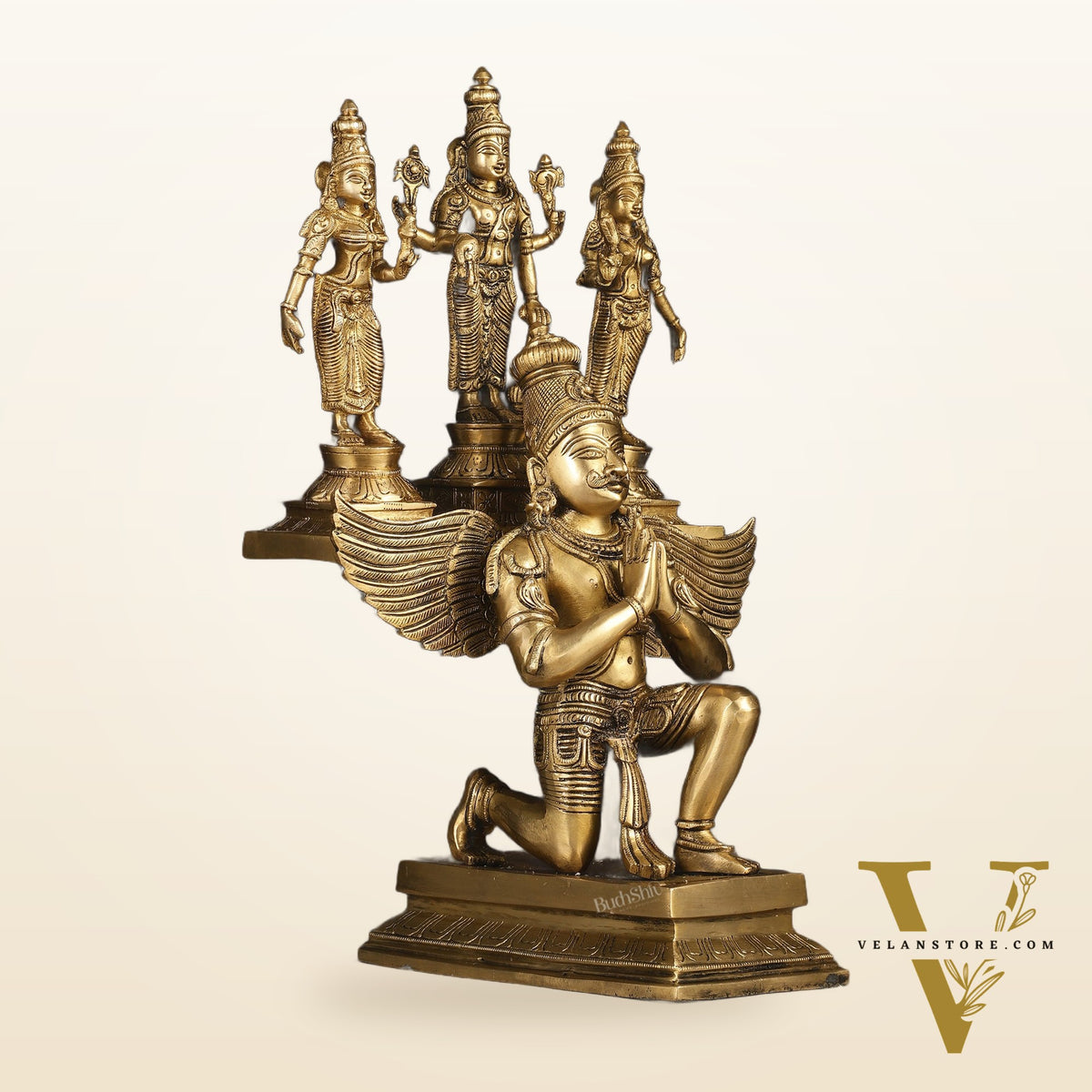 Pure Brass Superfine Tirupati Balaji Bhudevi and Sridevi on Garuda Statue 18"