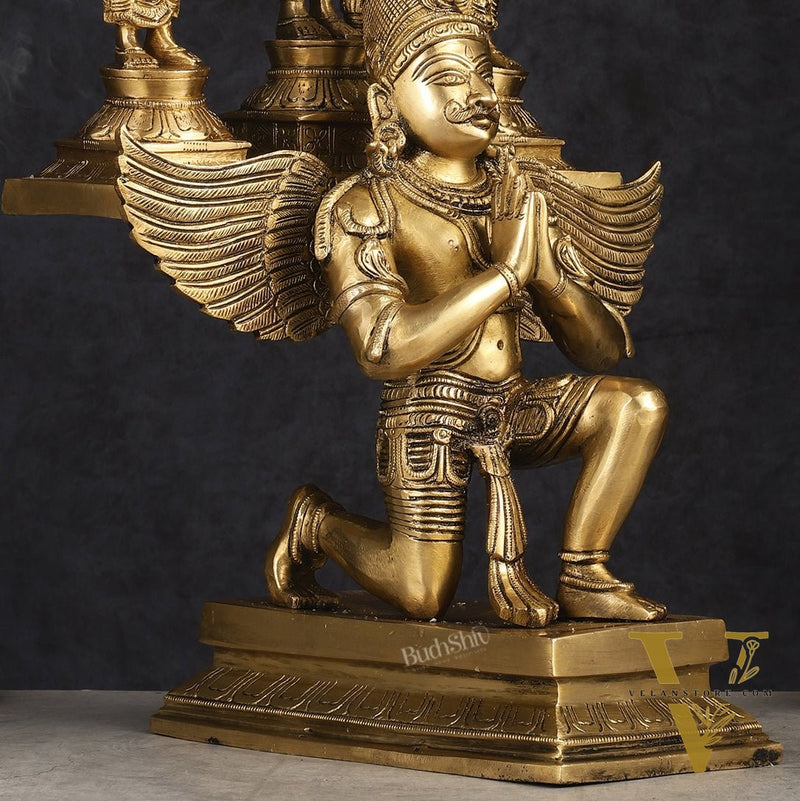 Pure Brass Superfine Tirupati Balaji Bhudevi and Sridevi on Garuda Statue 18"