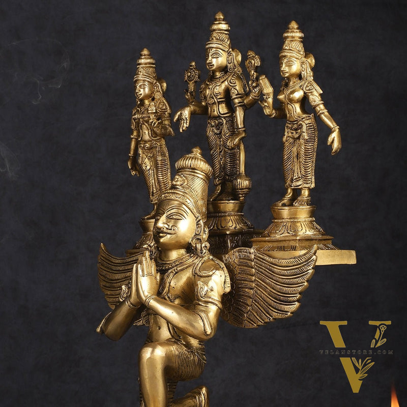 Pure Brass Superfine Tirupati Balaji Bhudevi and Sridevi on Garuda Statue 18"