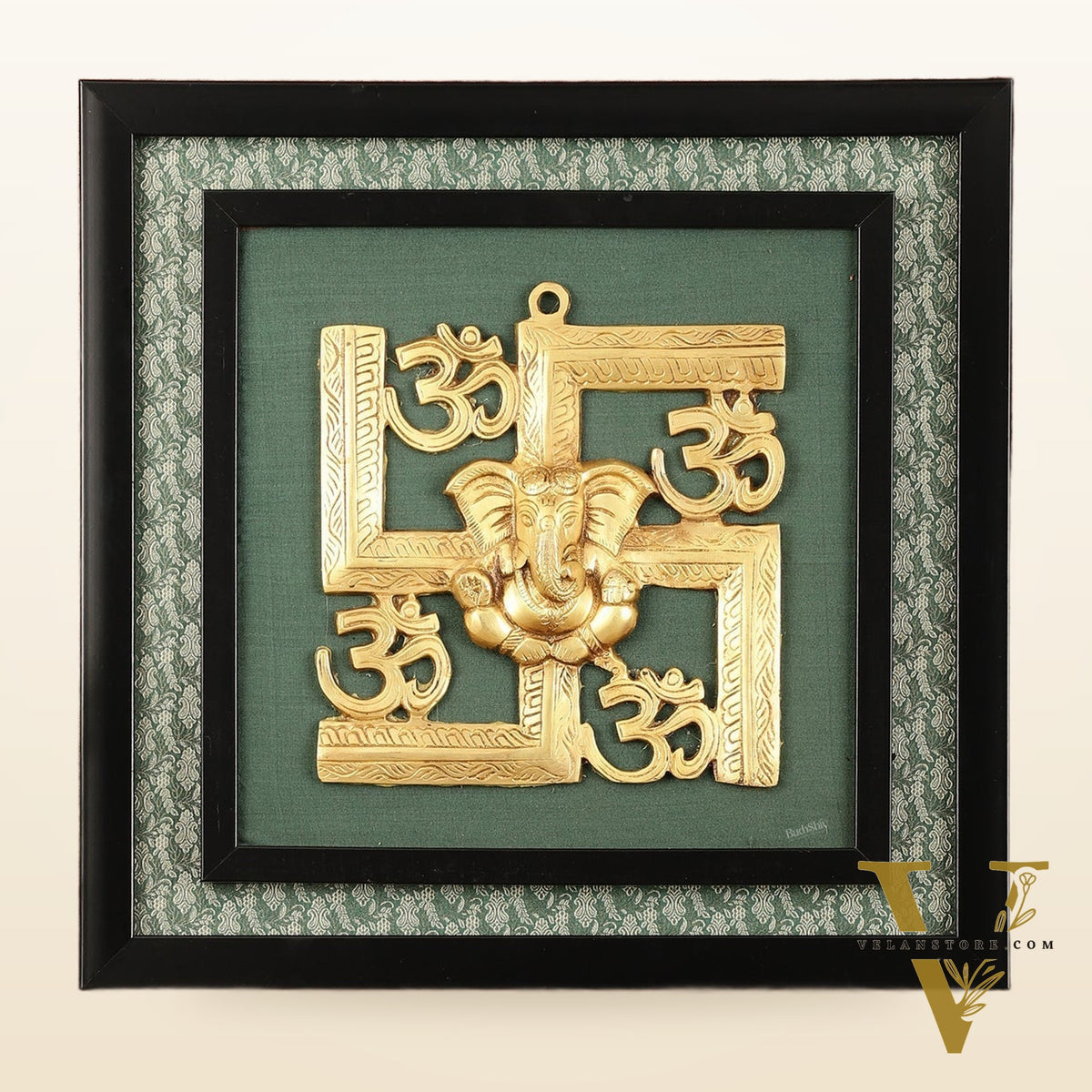 Pure Brass Swastik Ganesha Hanging on Wooden Frame with Premium Fabric - 16" x 16"