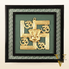 Pure Brass Swastik Ganesha Hanging on Wooden Frame with Premium Fabric - 16" x 16"