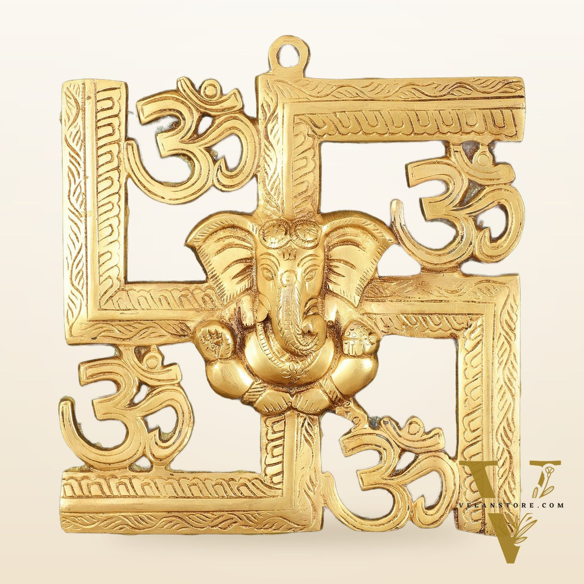 Pure Brass Swastik Ganesha Hanging on Wooden Frame with Premium Fabric - 16" x 16"