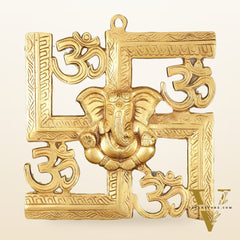 Pure Brass Swastik Ganesha Hanging on Wooden Frame with Premium Fabric - 16" x 16"