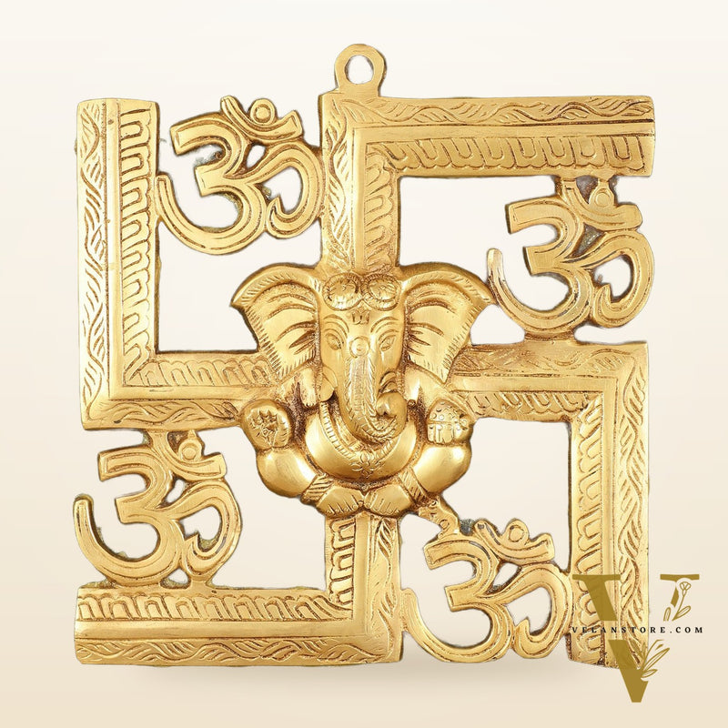 Pure Brass Swastik Ganesha Hanging on Wooden Frame with Premium Fabric - 16" x 16"